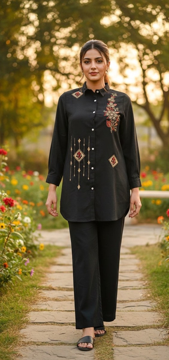 Women’s Black Embroidered Kurta Co-Ord Set | Elegant Shirt Style Tunic with Straight Pants | Festive & Casual Wear — Stylera